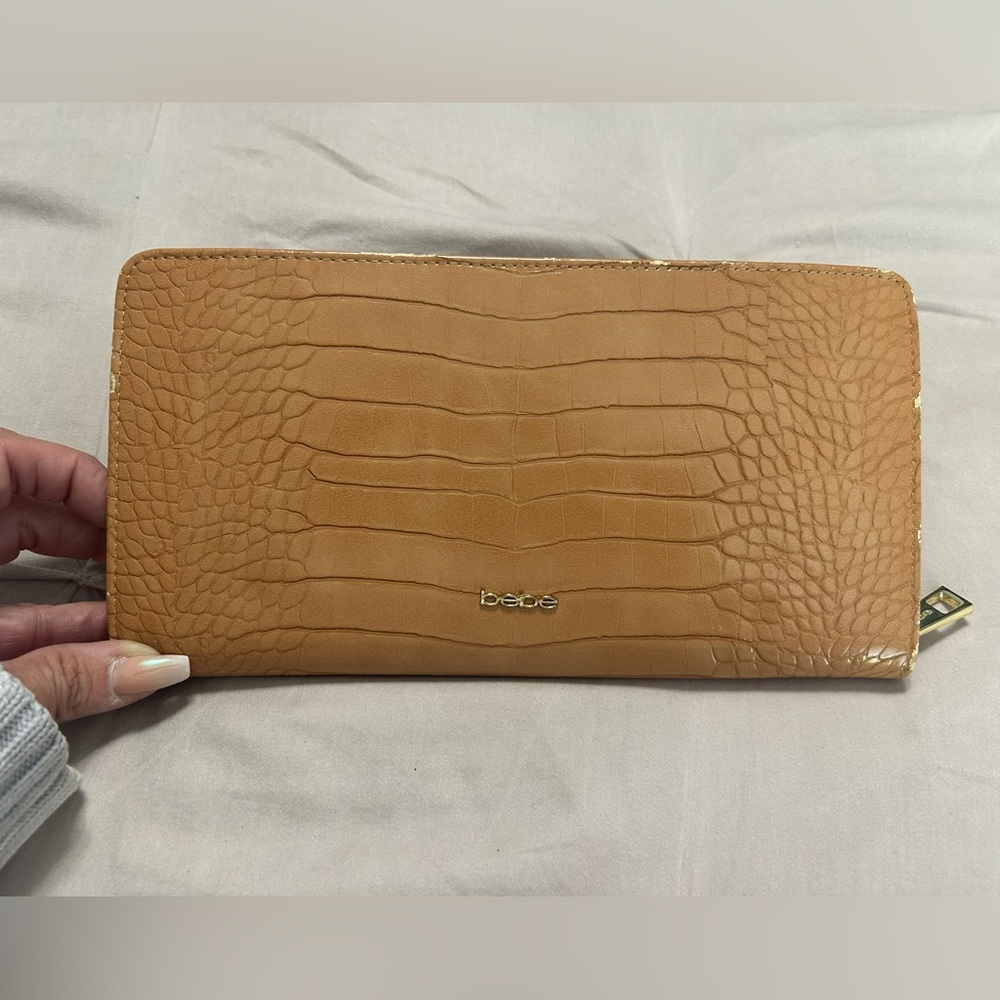 Bebe Camel Crocodile Embossed Clutch with Gold Chain